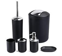 Papillon Lot de 6 Accessoires de Salle de Bain en Plastique avec Porte-Brosse à Dents, gobelet à Brosse à Dents, Distributeur de Savon, Porte-Brosse de Toilette, Poubelle, gobelet et Paille (Noir)