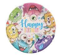 PAPSTAR Lot de 10 assiettes en carton de 23 cm sans plastique Happy Birthday avec monstres amusants - Assiettes de fête rondes - Vaisselle de fête avec motif de monstres amusants - Assiettes jetables
