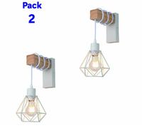 Paquet de 2 Appliques Murales en Bois Vintage avec Écran en Cage Blanche et Porte-lampe Suspendu E27 pour Salon, Couloir