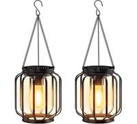 Paquet De 2 Lanternes Solaires Suspendues, LED À Filament Chaud | Étanche IP65, autonomie 10-12 H, capteur marche/arrêt automatique, ornements de jardin en métal(Hollowed-out,Cylinder)