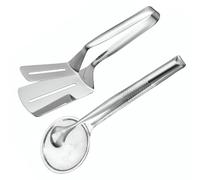 Paquet de 2 pinces à gril et cuillère passoire en acier inoxydable, passoire à cuillère frire 2 en 1 pour la cuisine, pinces spatule argentées, pince gril en acier inoxydable