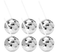 Paquet de 6 Gobelets Boule Disco Avec Couvercle Et Paille, 580 Ml | Années 1970 Disco Flash Ball Cocktail Cup Sparkly Glitter Disco Bar Party Vin Boire Thé Sirop Bouteille(Silver)