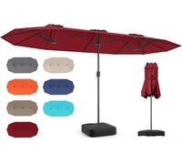 Parapluie double, 400 x 200 cm, avec pied et manivelle, parasol de jardin, protection solaire UPF 50+, grand parasol de marché, parasol pour terrasse, jardin ou piscine (bordeaux, sans LED)