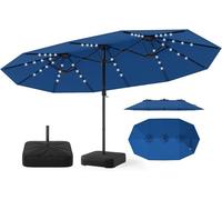 Parapluie double avec pied et éclairage solaire LED, 450 x 260 cm, grand parasol, protection UPF 50+, parasol de jardin avec manivelle, parasol de marché pour protéger le jardin et la terrasse (bleu)
