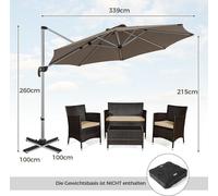 Parasol Ø 330 cm avec manivelle & UPF 50+ et Parasol déporté rotatif à 360°, parasol de jardin marron