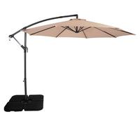Parasol à bras articulé 3 m, beige, en forme de banane, avec pied lesté carré. Protection solaire pour jardin, terrasse et extérieur. Protection UV. Manivelle. Pied en croix. 8 baleines. Housse imperm