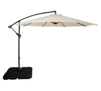 Parasol à bras articulé 3 m, couleur crème, en forme de banane, avec pied lesté carré. Protection solaire pour le jardin, la terrasse et l'extérieur. Protection UV. Manivelle. Pied en croix. 8 baleine
