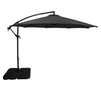 Parasol à bras articulé 3 m, gris, en forme de banane, avec pied lesté carré. Protection solaire pour le jardin, la terrasse et l'extérieur. Protection UV. Manivelle. Pied en croix. 8 baleines. Housse