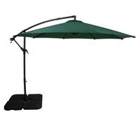 Parasol à bras articulé 3 m, vert, en forme de banane, avec pied lesté carré. Protection solaire pour jardin, terrasse et extérieur. Protection UV. Manivelle. Pied en croix. 8 baleines. Housse impermé
