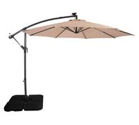 Parasol à bras articulé LED 3 m, beige, en forme de banane, avec pied lesté carré. Protection solaire pour le jardin, la terrasse et l'extérieur. Protection UV. Manivelle. Pied en croix. 8 baleines. H