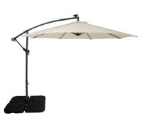 Parasol à bras articulé LED 3 m, couleur crème, forme banane, avec pied lesté carré. Protection solaire pour jardin, terrasse et extérieur. Protection UV. Manivelle. Pied en croix. 8 baleines. Housse