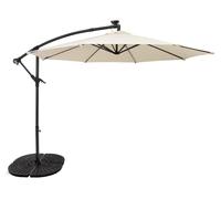 Parasol à bras articulé LED 3 m, couleur crème, parasol en forme de banane, avec pied lesté, protection solaire pour jardin et terrasse, usage extérieur, protection UV, manivelle, pied en croix, 8 bal