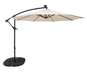 Parasol à bras articulé LED 3 m, couleur crème, parasol en forme de banane, avec pied lesté, protection solaire pour jardin et terrasse, usage extérieur, protection UV, manivelle, pied en croix, 8 bal