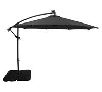 Parasol à bras articulé LED 3 m, gris, en forme de banane, avec pied lesté carré. Protection solaire pour jardin, terrasse et extérieur. Protection UV. Manivelle. Pied en croix. 8 baleines. Housse imp