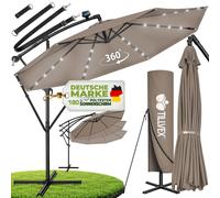 Parasol à mât incliné Tillvex en aluminium, couleur cappuccino, LED, à énergie solaire, Ø 300 cm, avec manivelle | Parasol avec interrupteur marche/arrêt | Parasol de jardin en aluminium avec protecti