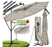 Parasol à mât incliné Tillvex en aluminium, couleur taupe, LED, énergie solaire, Ø 300 cm, avec manivelle | Parasol avec interrupteur marche/arrêt | Parasol de jardin en aluminium avec protection UV |