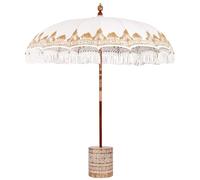 Parasol balinais avec socle (185 x 185 x 260 cm) en coton, bambou et bois massif - Parasol de jardin crème avec franges, détails en corde tressée et pied en bois solide pour terrasse, piscine et