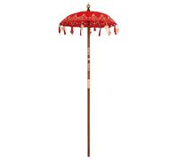 Parasol balinais crème 125 x 125 x 260 cm - Parasol de jardin rond avec auvent en coton, bâton en bois massif sculpté à la main et baleines en bambou, design tropical avec cloches et pompons, rouge