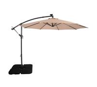 Parasol à bras articulé LED 3 m, beige, en forme de banane, avec pied lesté carré. Protection solaire pour le jardin, la terrasse et l'extérieur. Protection UV. Manivelle. Pied en croix. 8 baleines. H