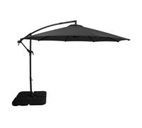 Parasol à bras articulé 3 m, gris, en forme de banane, avec pied lesté carré. Protection solaire pour le jardin, la terrasse et l'extérieur. Protection UV. Manivelle. Pied en croix. 8 baleines. Housse
