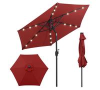 Parasol COSTWAY 230 cm avec éclairage solaire à LED, 6 baleines et manivelle, parasol de jardin inclinable de 35° des deux côtés, parasol de terrasse de type « marché », rouge