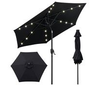 Parasol COSTWAY 230 cm avec éclairage solaire à LED, 6 baleines et manivelle, parasol de jardin inclinable de 35° des deux côtés, parasol de terrasse noir