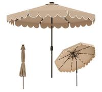 Parasol COSTWAY 300 cm avec éclairage LED, 8 baleines, manivelle et volant, parasol de jardin inclinable de 35° des deux côtés, parasol de terrasse, parasol de marché, marron