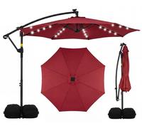 Parasol COSTWAY 300 cm avec pied, éclairage LED et manivelle, parasol à pied central, parasol de jardin, pivotant à 360°, parasol de marché, parasol de terrasse, rouge