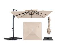 Parasol COSTWAY 300 x 300 cm, parasol à pied déporté en aluminium avec double toile et manivelle, pivotant à 360°, parasol de jardin carré, parasol de marché, parasol de terrasse, beige