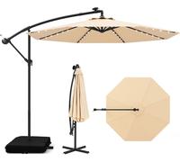Parasol COSTWAY 350 cm avec pied, éclairage LED et manivelle, parasol à pied central, parasol de jardin, protection UV, parasol de marché, parasol de terrasse, beige