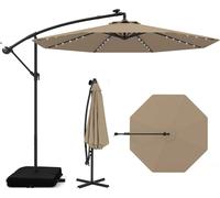 Parasol COSTWAY 350 cm avec pied, éclairage LED et manivelle, parasol de type « feu tricolore », parasol de jardin, protection UV, parasol de marché, parasol de terrasse, marron