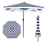 Parasol COSTWAY Boho, parasol de jardin de 270 cm avec manivelle et franges, parasol de balcon inclinable de 30° des deux côtés, parasol de terrasse à rayures bleues et blanches