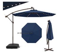 Parasol de jardin extérieur avec pied, parasol déporté inclinable avec 8 baleines 40 lampes solaires bleu