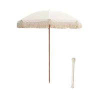 Parasol De Plage À Franges De 6,6 Pieds, Parasol D'extérieur avec Poteau en Bois Massif, 8 Baleines Robustes, Coupe-Vent, Imperméable, for Plage, Patio, Jardin