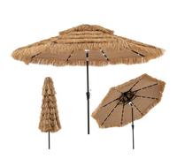 Parasol de Plage en Paille 313 x 251cm -COSTWAY- 32 LEDs Inclinaison à 35° - Résistant au Soleil Style Hawaïen pour Plage Jardin