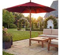 Parasol de restaurant HWC-C57b, parasol de jardin, polyester/bois 14 kg, rond Ø 3 m, câble de traction résistant aux chocs ~ bordeaux