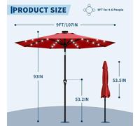 Parasol de terrasse solaire - Parasol de jardin de 9 pieds (2,7 mètres) - Éclairage LED - Mécanisme à manivelle - Fonction pliante par bouton-poussoir - 8 baleines robustes - Rouge
