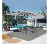 Parasol Déporté Inclinable Rotatif 360 Calvi Gris Clair 3x4 M Avec 4 Dalles Et Housse Gris