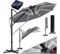 Parasol déporté rond - KESSER - Ø330 cm - Anthracite - LED solaire - Rotation 360° - 7 angles d'inclinaison - Manivelle