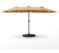 Parasol double 4,6 x 2,6 m avec éclairage LED solaire, mât central en acier, toile imperméable anti-UV, socle et manivelle inclus, pour terrasse, piscine et extérieur - Aliseo