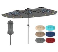 Parasol double COSTWAY 375 x 200 cm, parasol de jardin avec éclairage LED solaire, 12 modes d'éclairage, 2 options de recharge et manivelle, parasol de terrasse gris