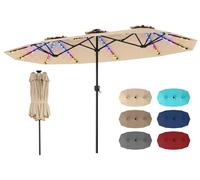Parasol double COSTWAY 375 x 200 cm, parasol de jardin avec éclairage LED solaire, 12 modes d'éclairage, 2 options de recharge et manivelle, parasol de terrasse beige