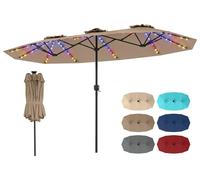 Parasol double COSTWAY 375 x 200 cm, parasol de jardin avec éclairage LED solaire, 12 modes d'éclairage, 2 options de recharge et manivelle, parasol de terrasse marron