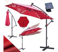 Parasol Izrielar 3 m rouge avec éclairage LED, parasol de jardin avec manivelle, protection solaire UV 50+, inclinable et résistant aux intempéries, pied en croix inclus