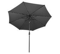 Parasol LED inclinable gris de 2,7 m avec manivelle de réglage de l'inclinaison et 128 lumières solaires, 8 baleines, parasol de jardin pour terrasse, protection contre les UV, housse de protection co