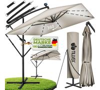Parasol rectangulaire tillvex® en aluminium, Ø 330 cm, avec éclairage LED solaire, couleur taupe + housse et manivelle | Parasol à pied avec support et pare-vent | Parasol de jardin anti-UV, imperméab