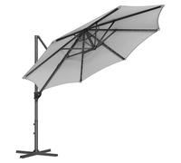 Parasol suspendu, diamètre 300 cm, en acier, avec tissu en polyester, hauteur 240 cm, équipé d'un panneau solaire, base en croix, couleur grise