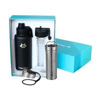 Paratito Bouteille en acier inoxydable 1 L + accessoires pour thé, thermos, filtre à thé, infuseur de fruits, fermeture sportive, accessoire pour pailles (ensemble cadeau noir)