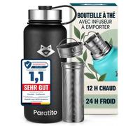PARATITO Thermos à thé 1 L avec infuseur, bouteille isotherme inox, noir | Gourde à thé 1 litre, filtre amovible, inox 18/8, jusqu’à 12 h au chaud et 24 h au froid, entretien au lave-vaisselle