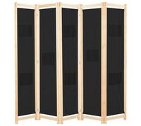 Paravent 5 panneaux pliable en tissu noir avec cadre en bois 200 x 170 cm